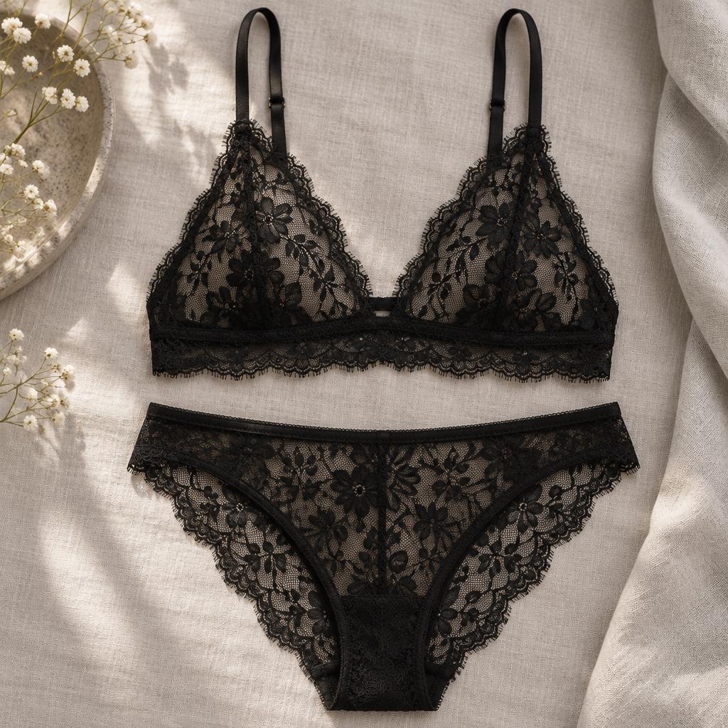 Black floral lace lingerie set
